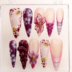 3D Purple Flower Nails,Custom Press On Nails,hand painted Floral Design nails,FreeStyle Nail Set,Gel Nails,Acrylic Fake Nails y2k nails