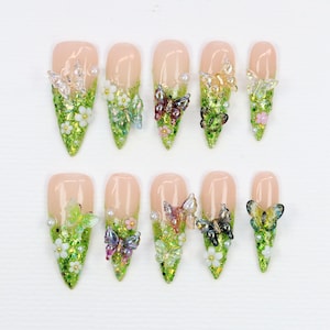 Green Glitter Press On Nails,Handcrafted FreeStyle Forest-Inspired Secret Garden Nails,Custom 3D Butterfly Floral Fake Nails Art,Gifts,Y2K