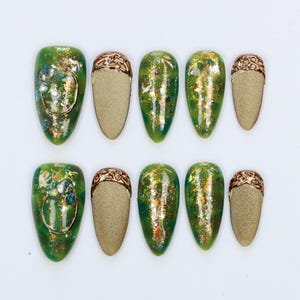 Emerald Green Press On Nails: Frosted Chrome Gold, Y2K Reusable Nail Set