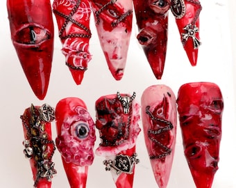 Haunted Vampire Press On Nails Creepy Demon Eyes Horror Nails,Scary Long Stiletto Nails for Halloween,Custom Bloody Color Cosplay/Carnival