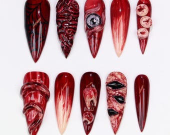 3D Horror Eyeball Gothic Punk Long Stiletto Press On Nails,Cthulhu Style,Blood-Red, with Bloody Designs and Teeth,Great for Cosplay