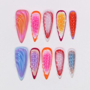 Colorful Stiletto Press On Nails: 3D Freestyle Nail Art