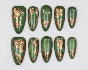 Spring Green Hand Painted Gold Flower Nail,Elegant Press On Nails,Acrylic Nails,Custom Reusable Premium Nails,Japanese Nails,Gift Nails,Y2K