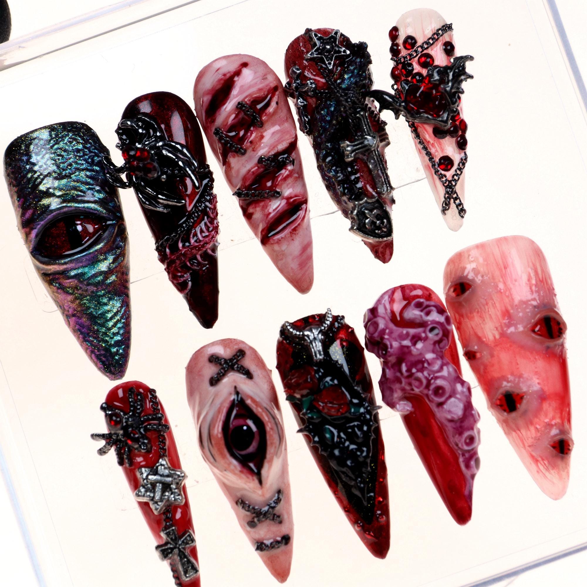 Unique 3D Horror Eyeball Long Stiletto Press On Nails Creepy Demon Eyes Horror Cthulhu Style Nails, Handpainted Fake Nail Reusable Gel Nail