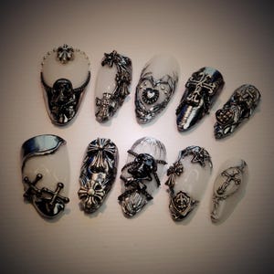 Gothic Stiletto Press On Nails: 3D Silver Punk Rock False Nails