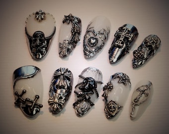 Gothic Long Stiletto Press On Nails,Custom 3D Metallic Silver Nail,Reusable Punk Rock Fake Nails,Goth,Y2K Festive Nail,Dark Glam Nails,Gift