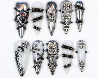 Punk Cross Spiked Press On Nails: Gothic Edgy Silver Metallic Pierced Nail Set