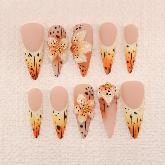 3D Flower Nails,Custom Press On Nails,hand painted Floral Design nails,FreeStyle Nail Set,Gel Nails,Acrylic Fake Nails Luxury y2k Autumn