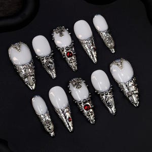 Metallic Silver Stiletto Press On Nails: Gothic Punk Y2K Glam