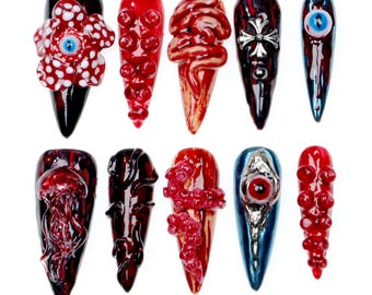 Unique Red Horror Eyeball Press On Nails Unique Creepy Demon Eyes Horror Nails,Cthulhu Style Nails Long Stiletto Nails Bloody Color Cosplay