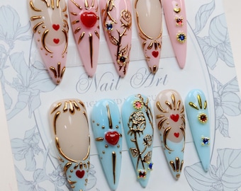 Unghie con fiori dorati dipinti a mano rosa e blu, eleganti unghie finte, unghie in acrilico, unghie premium personalizzate e riutilizzabili, unghie giapponesi, unghie regalo, Y2K