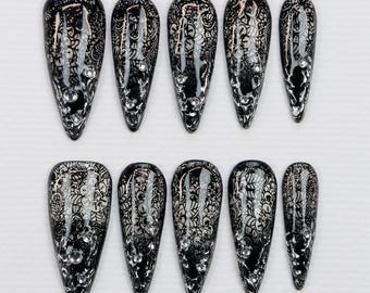 Black Lace Stiletto Press On Nails: Gothic Silver Aurora 3D Nail Art