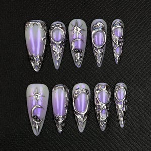 Gothic Stiletto Press On Nails: 3D Silver & Purple Nail Art