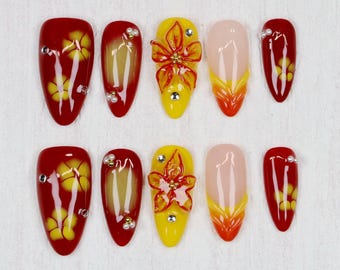 Uñas postizas florales, uñas almendradas, set de uñas FreeStyle, uñas postizas personalizadas hechas a mano, uñas con flores 3D, uñas premium reutilizables, Y2K, regalo para ella