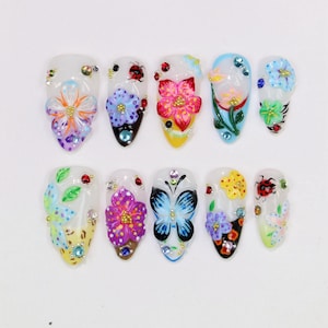 Colorful 3D Butterfly and Floral Press On Nails,Secret Garden Acrylic Nails,Handcrafted Luxurious Nails,3D Floral Nail Art Dreamy Nails