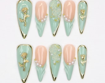 Elegant Rose Long Stiletto Press On Nails,Custom Design Gold Chrome,French Tips Fake/False Nail for Event,Holiday,Birthday,Vacation,Gift