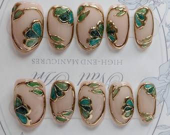 Luxury Stained Glass Press On Nails,Elegant Gold & Emerald Stained Green Nail Art,Regal Stained Glass Colorful Green Fake Nails,Floral nails