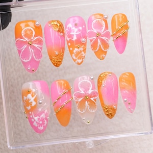 Custom Luxury Floral Hand-Painted Press On Nails,Boho Chic Style Acrylic Nails,Tropical Flower Fake nails for Birthday Party Holiday,y2k