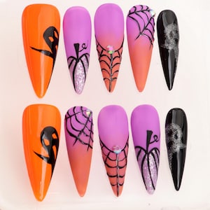 Hand-Painted Halloween Press On Nails: Spooky Pumpkins, Ghost & Spiderwebs