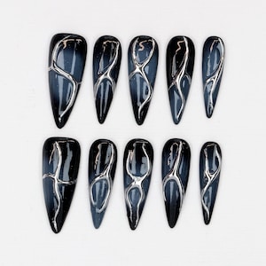 Elegant Metallic Fake Nails,Gothic Long Stiletto Press On Nails,Dark Glam Nail,Custom 3D Silver Chrome,Punk Rock Nails,Gothic-Inspried Nails