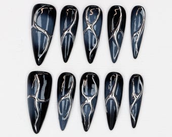 Elegant Metallic Fake Nails,Gothic Long Stiletto Press On Nails,Dark Glam Nail,Custom 3D Silver Chrome,Punk Rock Nails,Gothic-Inspried Nails