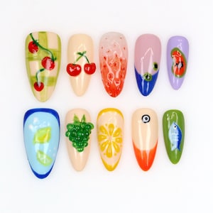 Colorful Fruit Press On Nails,Fruit Garden Fake Nails,Custom Hand-Painted  Strawberry Grapes Citrus Nail Art,Vegan-Friendly Nail Designs,Y2K