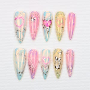 Chrome Pink Heart Long Stiletto Press On Nails Custom Silver Mirror Fake Nails,Iridescent Butterfly Nail for Holiday,Birthday,Vacation,Gift