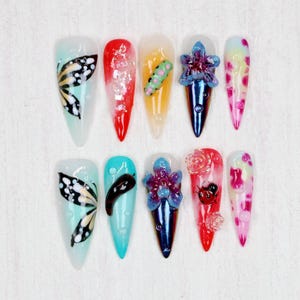 Handcrafted 3D Floral Long Stiletto Press On Nails,Custom Fake Nails Birthday Holiday Gifts ,Y2K,Leopard French tips Nail Art,Gel Fake Nails