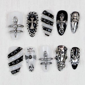 Chrome Cross Long Stiletto Press On Nails,3D Acrylic Nails,Gothic-inspired Fake Nail,Goth nails,Metallic Silver Nail/Punk Nails,Gyaru Nails