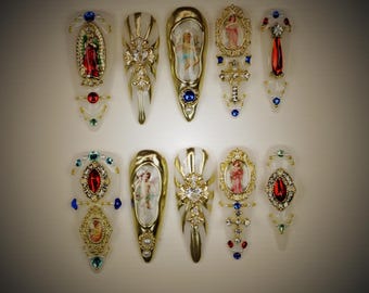 Virgin Mary Press On Nails: 3D Angel Stiletto Nails, Red Gold White