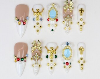 Custom Baroque Luxury Press On Nails Gold Cross & Gem Embellished Nails,Vintage Glam False Nails,Rhinestone Pearl Statement Nail Art