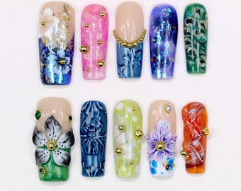 Abstract Press on Nails: 3D Ceramic Tile Nail Art, Summer Fake