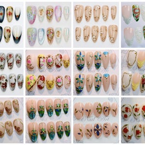 Unghie finte di lusso con vetrate colorate, elegante nail art verde oro e smeraldo, unghie finte verdi colorate con vetrate colorate regali, unghie floreali immagine 2