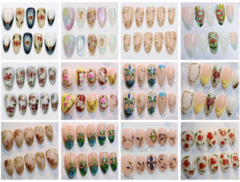 Unghie finte di lusso con vetrate colorate, elegante nail art verde oro e smeraldo, unghie finte verdi colorate con vetrate colorate regali, unghie floreali immagine 2