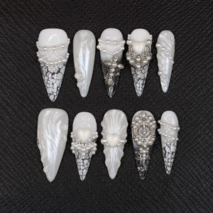White Lace Stiletto Press On Nails: Silver Charm Pearl Bridal Nails