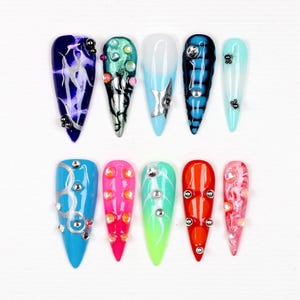 Bright and colorful Gothic Long Almond Press On Nails,Dark Glam Fake Nails,Custom 3D Metallic Silver,Rainbow Gel Nail,Punk Rock Nails,Y2K