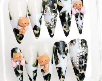 Camouflage Press on Nails,Custom 3D nails,Handpainted Camo Five-pointed star Stiletto nails,FreeStyle Nail,Gel Nails,  Fake Nails,y2k nails