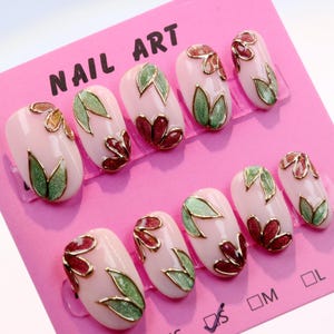 Hand Painted Press On Nails: Stained Glass Floral, Gold Shimmer