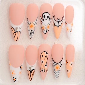 Black Halloween Press On Nails,Custom Hand-painted Cute Pumpkins,Spider Webs,Ghost, Perfect Spooky Press-On Nails,Acrylic Fake,Holiday Nails