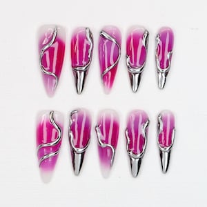 Elegant Metallic Fake Nails,Gothic Long Stiletto Press On Nails,Dark Glam Nail,Custom 3D Silver Chrome,Punk Rock Nails,Gothic-Inspried Nails