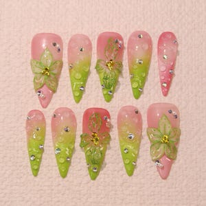 Unique 3D Flower Design Press On Nails,Handcrafted Luxurious pink Green Glitter Nails,Christmas and Holiday Nail, Free Style Floral Nail Art