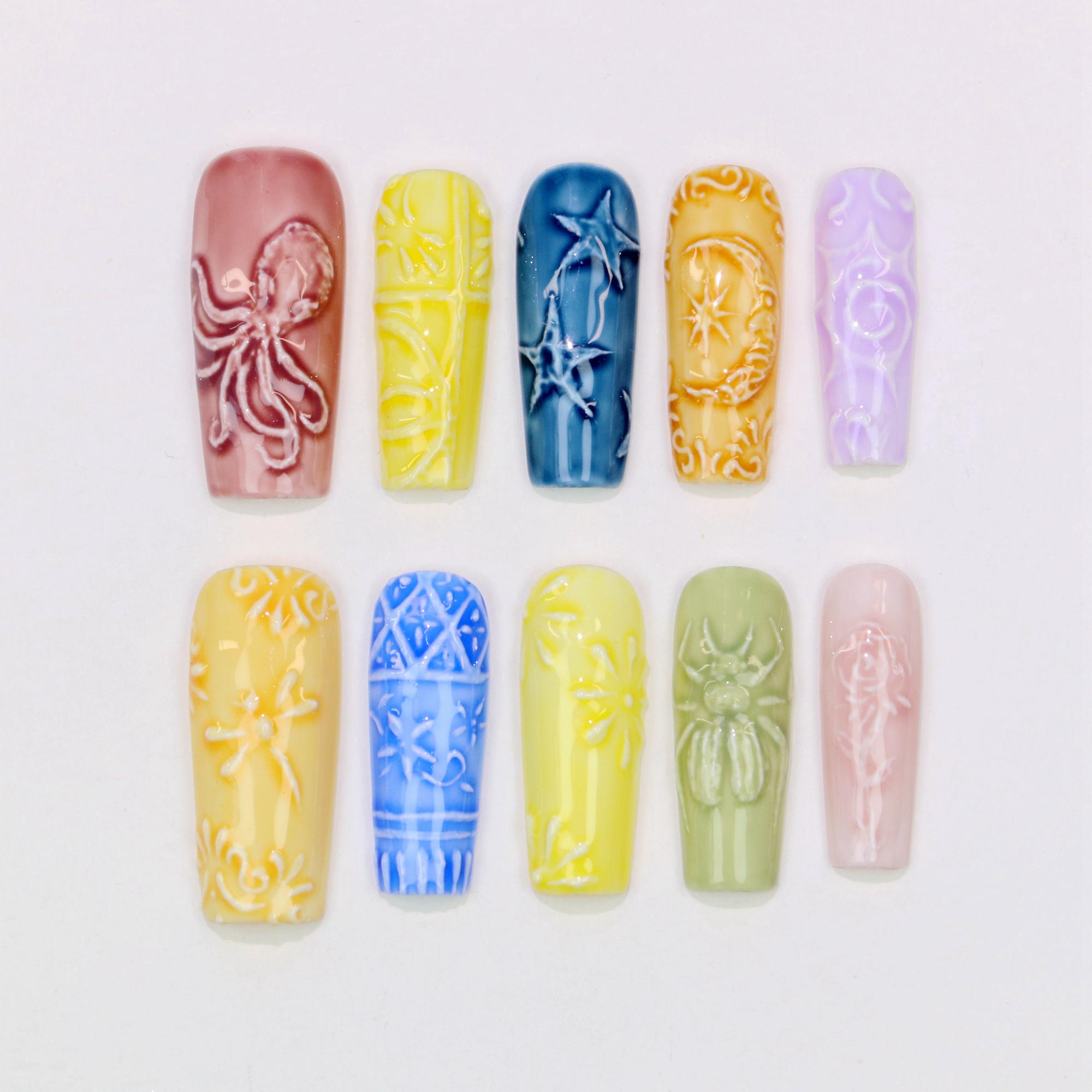 3D Ceramic Tile Press on Nails: Abstract Sun & Moon Nail Art - Etsy