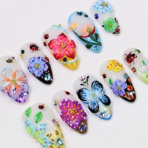 Colorful 3D Butterfly and Floral Press On Nails,Secret Garden Acrylic Nails,Handcrafted Luxurious Nails,3D Floral Nail Art Dreamy Nails