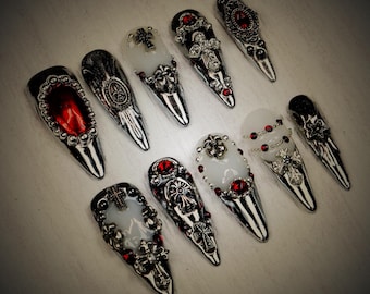 Chrome Silver Sea anchor, Cross Long Stiletto Press On Nails,3D Almond Acrylic Nails,Handpainted Gothic-inspired Fake Nail,Goth,Y2K Nail Art