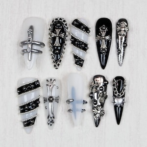 Chrome Cross Long Stiletto Press On Nails,3D Acrylic Nails,Gothic-inspired Fake Nail,Goth nails,Metallic Silver Nail/Punk Nails,Gyaru Nails