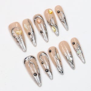 Elegant Metallic Fake Nails,Gothic Long Stiletto Press On Nails,Dark Glam Nail,Custom 3D Silver Chrome,Punk Rock Nails,Gothic-Inspried Nails