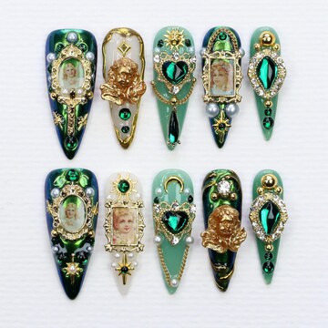 Unique Design 3D Angel Long Stiletto Press On Nails,Custom Chrome gold & Green gem Luxury Nails for Christmas Birthday Vacation Holiday Gift