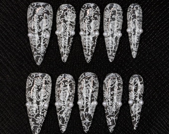 White Lace Stiletto Press On Nails: Pearl Bridal Wedding Nails