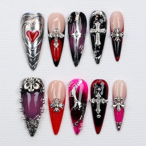 Handmade Silver Goth Stiletto Press On Nails: Chrome Aura, Emo Y2K