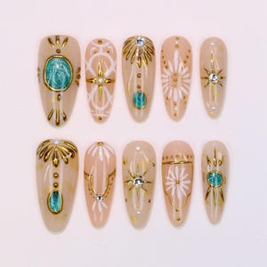 Hand Painted Press On Nails: Stained Glass Floral, Gold Shimmer